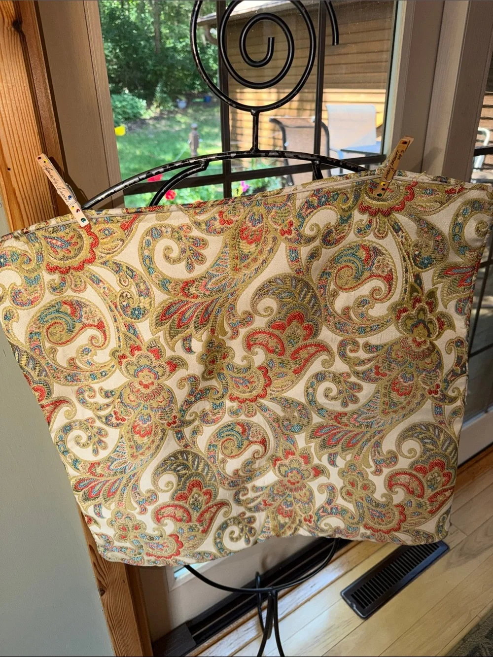 Paisley Print Fabric Pillow Cover Sham - Cream Base w Red, Green & Gold Paisley